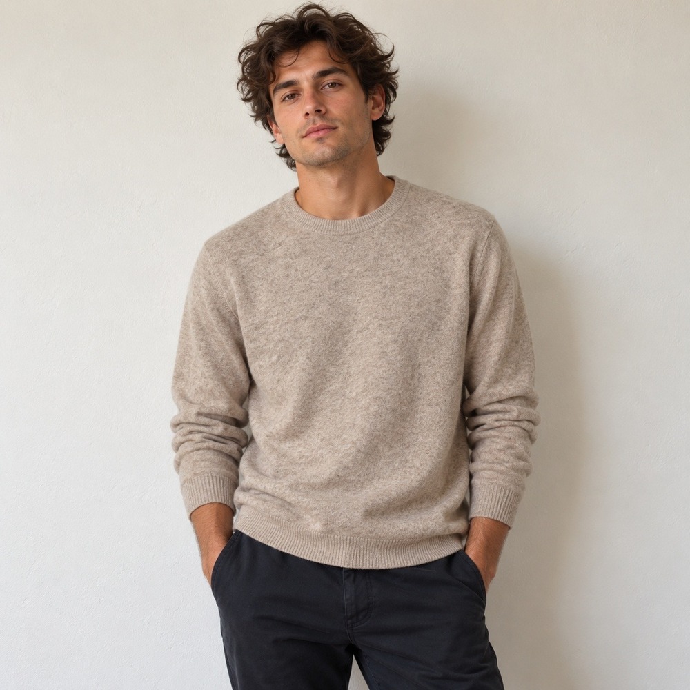 J.Crew Mens Cashmere Sweater Large Beige Crew Neck Preppy Quiet Luxury